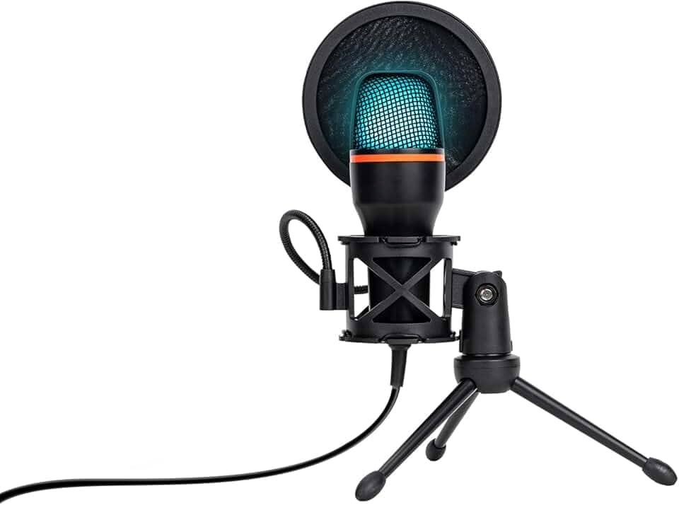Microfone Condensador RGB, Microfone de Mesa, Microfone Gamer – Com Cancelamento de Ruído, Plug-and-Play, Controle de Volume e Eco, com Tripé, Shock Mount e Pop Filter – Ideal para Gravação, Podcast
