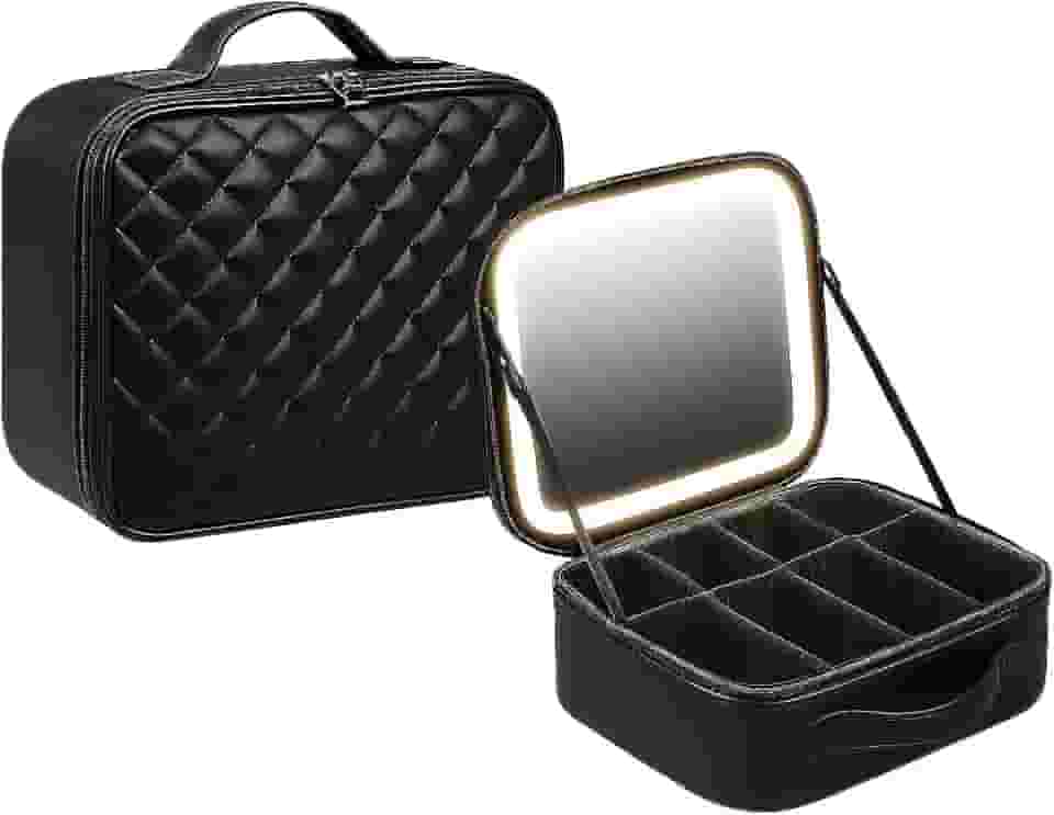 Maleta Bolsa Organizadora de Maquiagem com Espelho LED + Porta Pinceis PRETA Portátil Para Viagem Necessaire Em Couro X-Matte