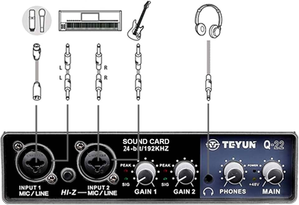 Profissional Placa de Som Audio,Bluetooth MP3 Entrada para computador 48V Phantom Power Estéreo DJ Studio Streaming (Q-22)
