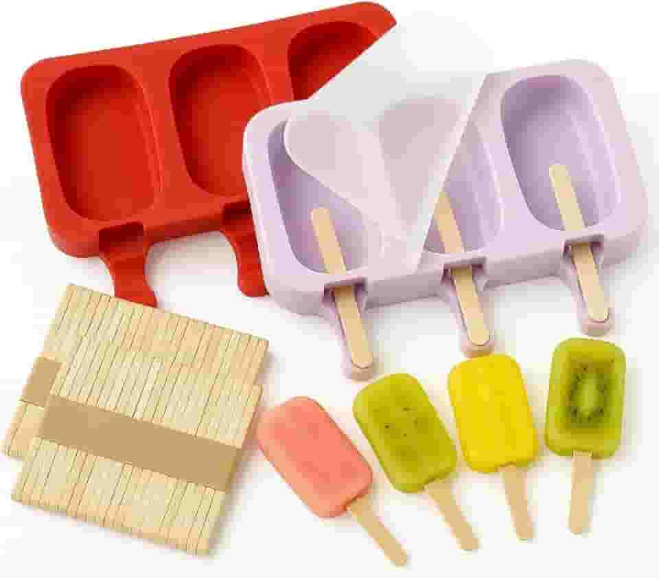 Kit 2 Formas de Picole Silicone com 100 Palitos - Forminha de Picolé para Bebê e Sobremesas Caseiras - Forma de Sorvete Picoleteira com Tampa Premium MyBrins
