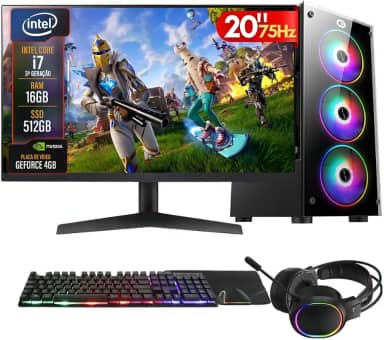 PC GAMER COMPLETO INTEL CORE I7 16GB RAM PLACA DE VIDEO GEFORCE 4GB SSD 512GB FONTE 500W - MONITOR 20'' 75HZ - KIT GAMER TECLADO/MOUSE/HEADSET/MOUSEPAD