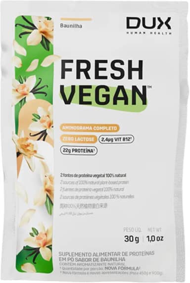 DUX HUMAN HEALTH - FreshVegan - Proteína Vegana de Ervilha e Arroz, 20g de Proteínas por Porção - Suplementos Naturais, Suplementação Treino Academia, Ganho Muscular Hipertrofia - Baunilha - Sachê 31 g