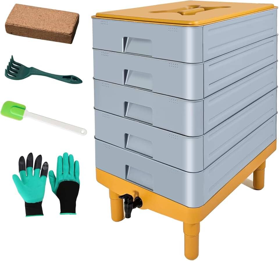 Composteira de Minhocas de 5 Bandejas, Caixa de Compostagem de Minhocas de 100L para Início de Vermicompostagem, Caixa de Compostagem para Fazenda de Minhocas Interna E Externa, Caixa de Comp