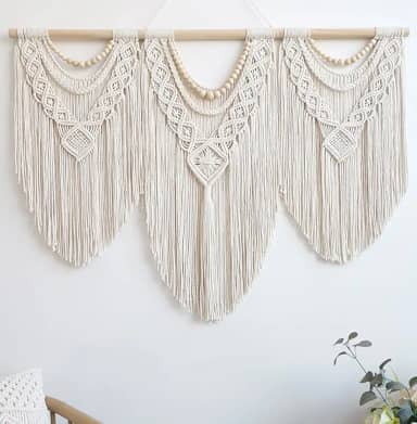 Achart Decoração de parede de macramê grande - decoração de parede boho - arte de parede grande - decoração de parede sala de estar - tapeçaria de macramê decoração boho para quarto (conta de madeira)