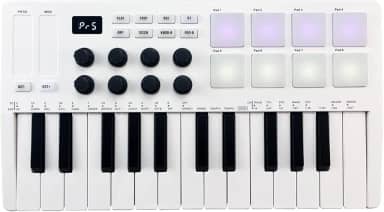Teclado MIDI de 25 teclas, controlador MIDI portátil com 25 teclas sensíveis à velocidade, 8 pads retroiluminados RGB, 8 botões