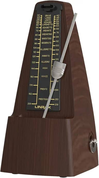 Linrax M2 Metrônomo Mecânico para Piano Guitarra Baixo Ukulele Violino Violoncelo Saxofone Trompete e Todos os Instrumentos Musicais, Faixa de Tempo e Batida, Som Alto, Alta Precisão, Grão de Madeira
