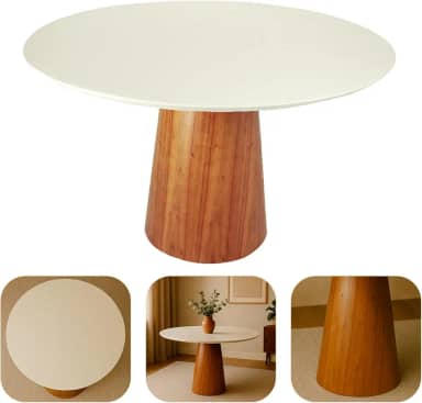 Mesa de Jantar Redonda Laqueada Tampo com Vidro Temperado Base Cone com Acabamento Amadeirado Laminado Mel (100 CM)