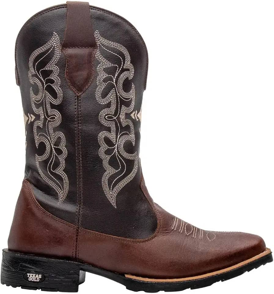 Bota Masculino Texana Em Couro Marrom Cano Longo Bordado Cruzeta
