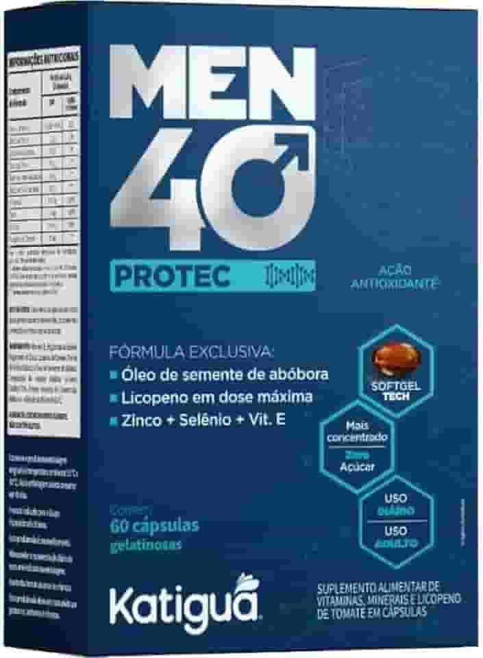 Katiguá, Men 40 Protec, Óleo de semente de Abóbora, Licopeno em dose Máxima, Zinco + Selênio e Vitamina E, Sem sabor, Para Homens, 60 Cápsulas Soft Gel • 30 doses, Azul