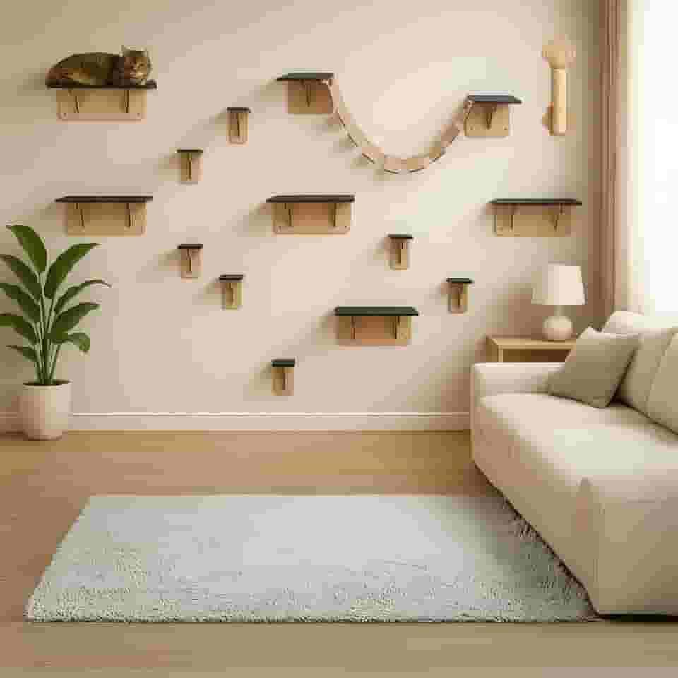 BOXFAN Playground Gatos 15 Peças Arranhador Parede Brinquedo Gato Degraus Escada Pontes Prateleira Mdf Diversão Antiestresse Móveis para Gatificação
