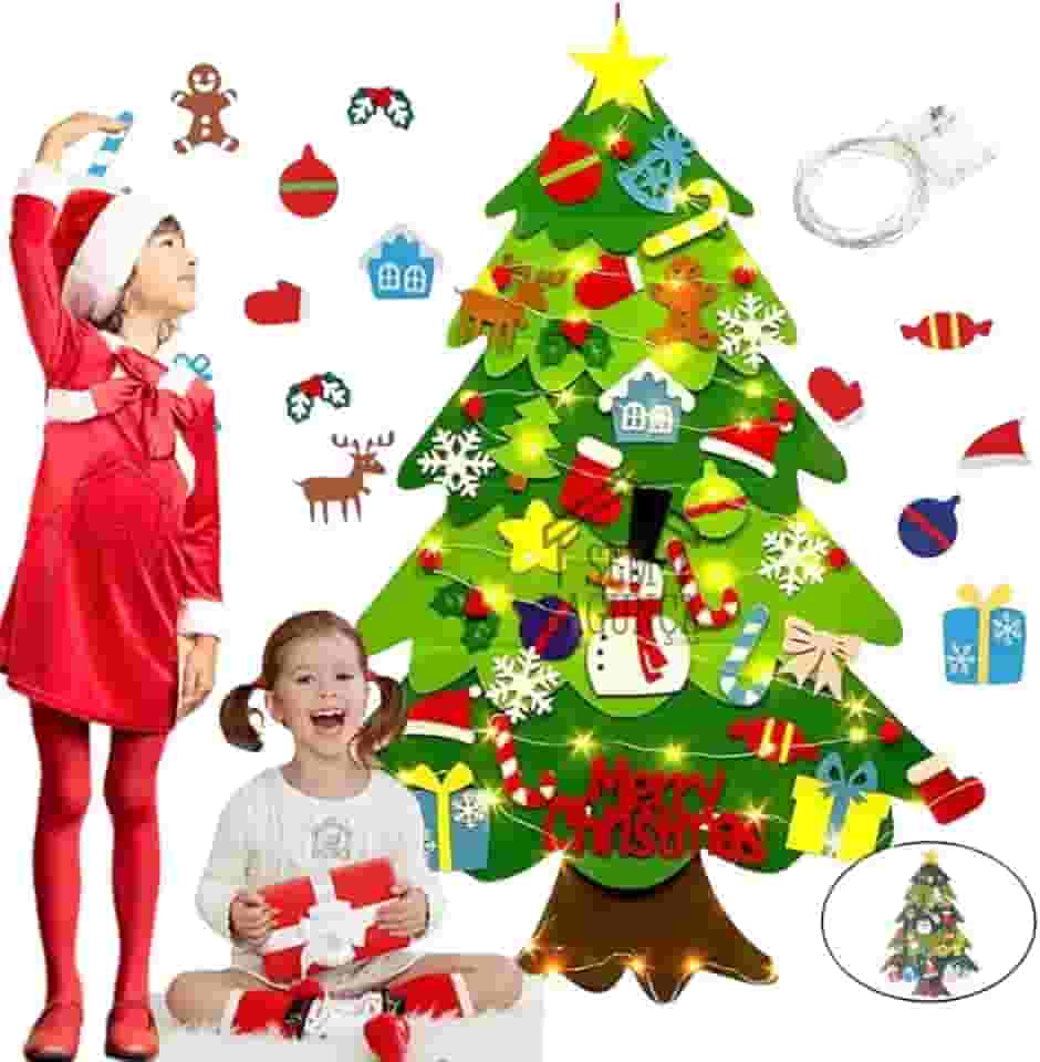 Sem Bagunça - Árvore De Natal em Feltro com Luz de Led e 32 Enfeites - Decoração Natalina Infantil Para Criança Menino e Menina Brinquedo