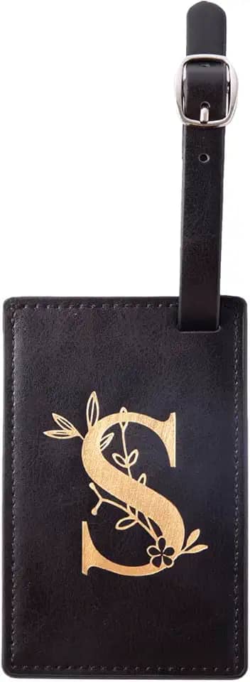 Etiqueta de bagagem personalizada com inicial de couro sintético para mala de viagem, etiqueta de bagagem com etiqueta de identificação de capa de privacidade total (preto/dourado, P)