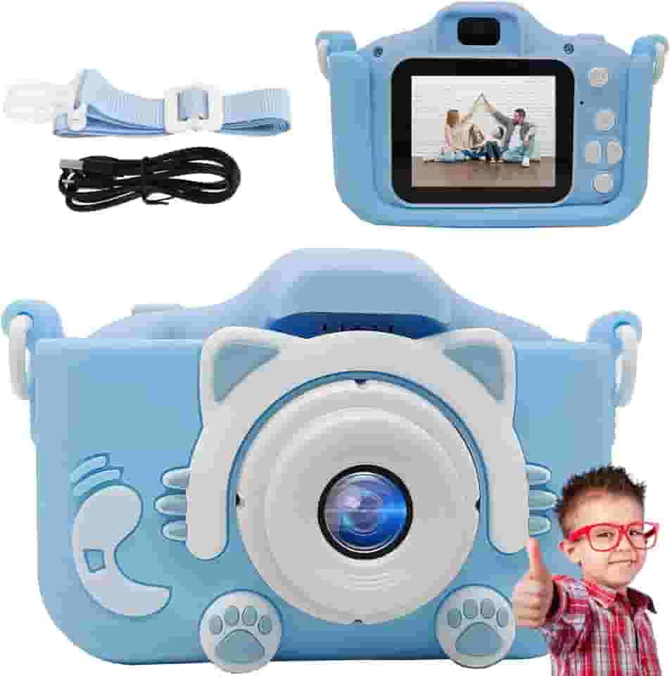 Máquina Fotográfica Infantil Câmera Digital Filma HD com Jogos Divertidos Portátil Gatinho Fofa Recarregável (Azul Gatinho)