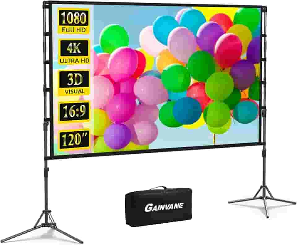 GAINVANE Tela e Suporte do Projetor, Tela de Projetor Portátil de 120' Tela de Projeção Interna Externa 16:9 4K Hd Tela de Filme Leve e Sem Rugas com Bolsa de Transporte para Noite de Cinema No Quinta