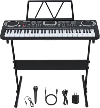 VEDO Teclado Eletrônico Digital 61 Teclas Preto - Teclado Musical Portátil para Iniciantes, Crianças e Adultos, Kit Completo com Suporte de Partituras, Microfone, Pedal de Sustain, Capa Protetora