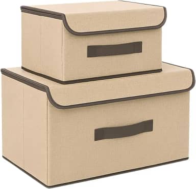 Kit 2 Caixas Organizadoras para Guarda-Roupa e Armário com Tampa | Multiuso, Dobrável, Empilhável e Antipoeira (Bege)