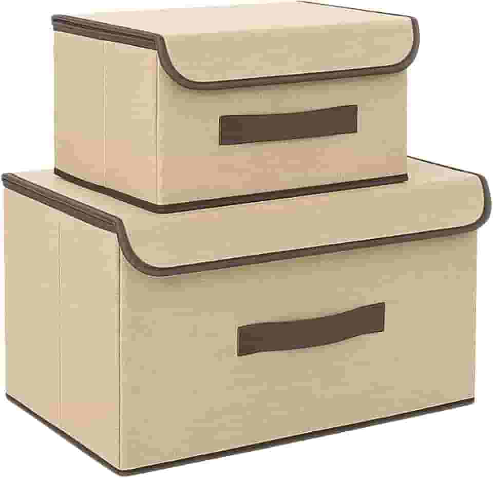 Kit 2 Caixas Organizadoras para Guarda-Roupa e Armário com Tampa | Multiuso, Dobrável, Empilhável e Antipoeira (Bege)