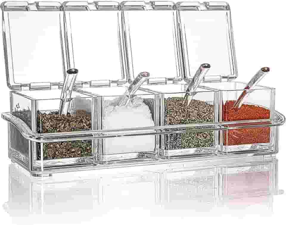 Organizador de Temperos Acrílico com 4 Potes – Tampa Hermética e Colher Inclusa