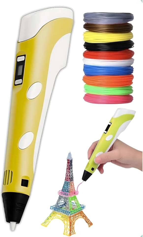 Caneta Impressora 3D USB Bivolt com Controle de Temperatura, Display LCD e Filamentos ABS/PLA – Kit Completo para Crianças e DIY Criativo (Amarelo)