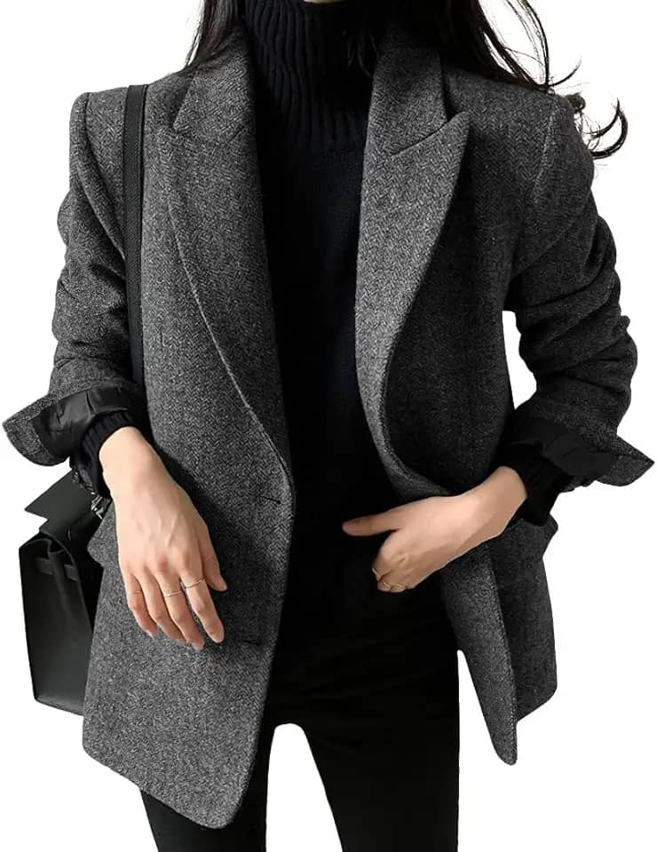 Blazer feminino casual de mistura de lã outono inverno casaco elegante para trabalho