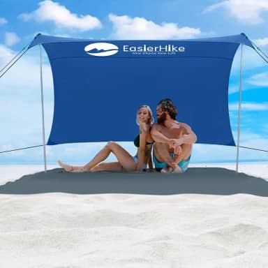 Barraca de sombra de praia, 1,8 x 2,5 m, portátil, fácil pop-up, cobertura de praia, proteção solar UPF50+, à prova de vento e resistente à água, estável com 4 sacos de areia e cabos à
