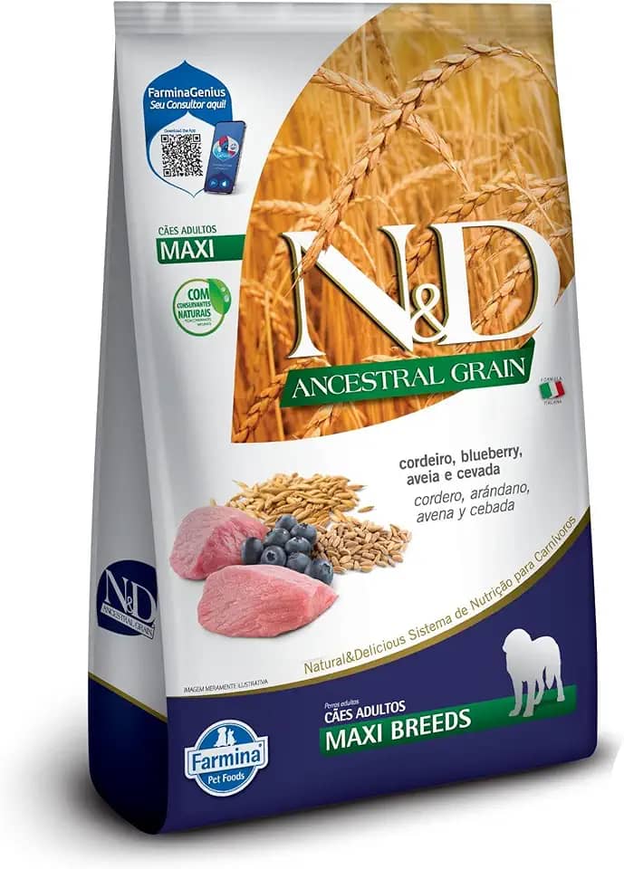 N&D Ancestral para Cães Adultos de Raças Grandes e Gigantes Sabor Cordeiro, Blueberry, Aveia e Cevada 10,1Kg