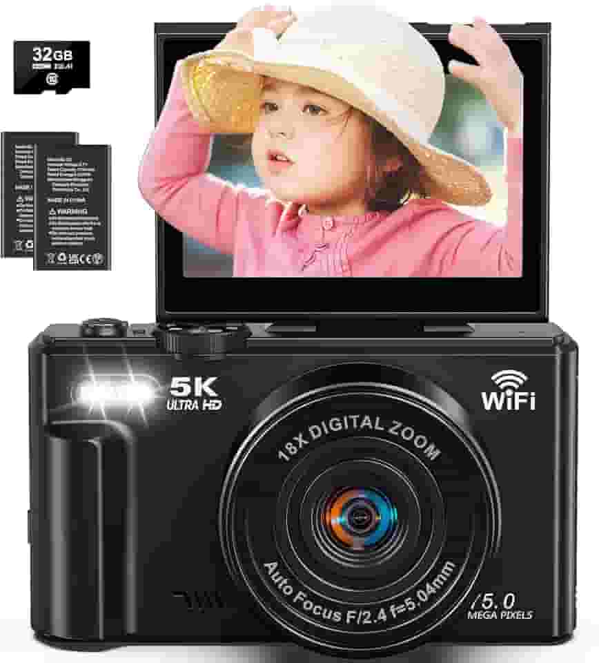 Câmera digital, vídeo de 5k, câmera de 75 megapixels, transmissão Wi-Fi, foco automático, zoom digital de 18x, tela giratória de 180 graus, cartão SD de 32G,câmera compacta,vlog,fotográfica
