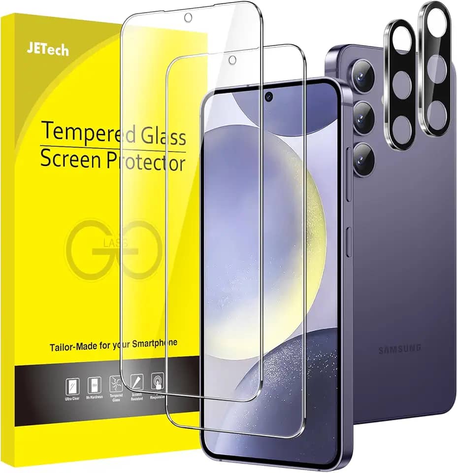 JETech Película de Vidro Temperado para Samsung Galaxy S24+ / S24 Plus com Protetor Lente Câmera, Protetor de Tela, Compatível com ID de Impressão Digital, HD Transparente, 2 Pacotes Cada