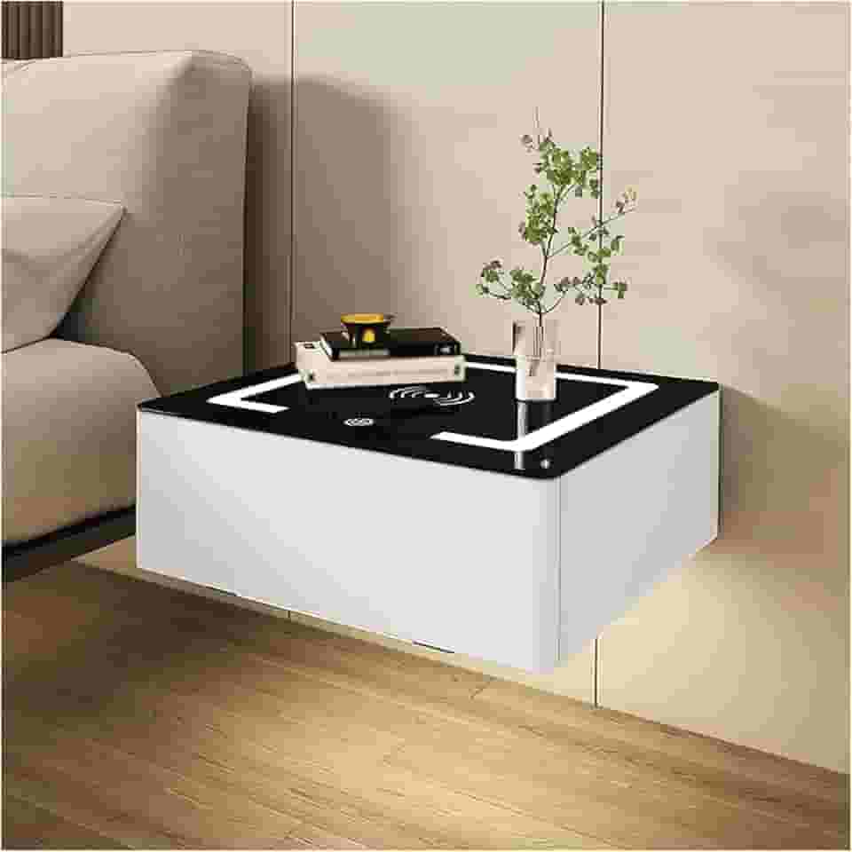 YPDJVLTI Mesa de cabeceira inteligente flutuante com estação de carregamento, mesa de cabeceira com luzes de LED, armário de cabeceira com gaveta, mesa lateral de quarto, minimalista