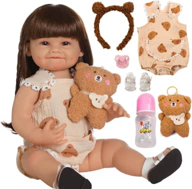 Bebê Reborn Boneca Silicone Menina Sorriso Urso 48cm Pode dar Banho Criança Presente Original