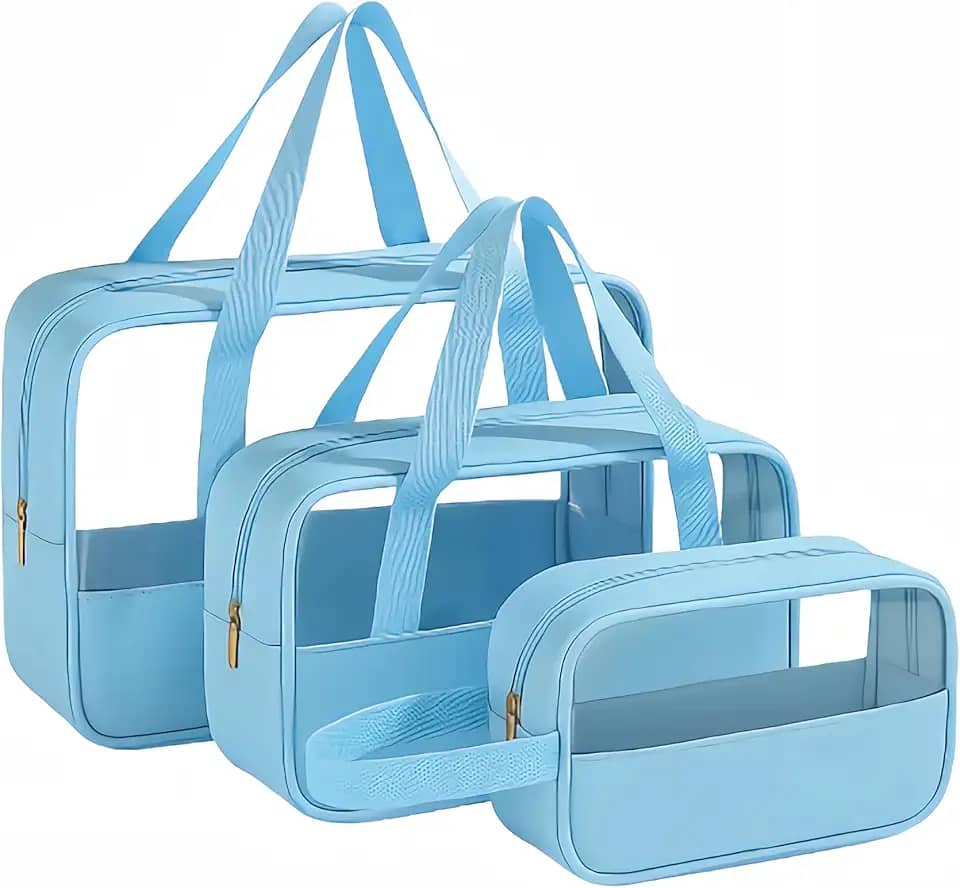 Kit Necessaire Transparente 3 em 1 Bolsa de Viagem para Maquiagem e Higiene Pessoal Unissex – Grande Capacidade, Organizador em PVC Impermeável, Ideal para Academia, Mala, Mala de Mão (Azul)