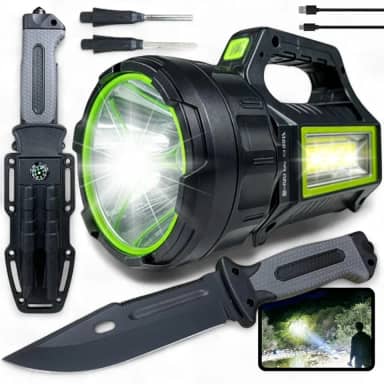 Kit Survival Faca Aço Premium e Lanterna LED 100000 Lúmens com Bússola Integrada, bateria recarregável, 7 modos, carregamento solar e USB, ideal para camping, trilhas, aventuras e emergências.