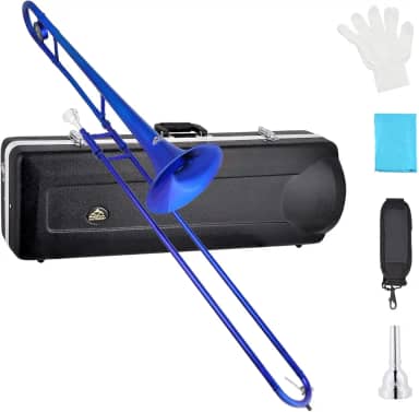 EASTROCK Trombone deslizante tenor Bb, instrumento de trombone plano banhado a latão para estudantes iniciantes com estojo rígido, com bocal, luvas brancas (12,5 mm/200 mm), azul