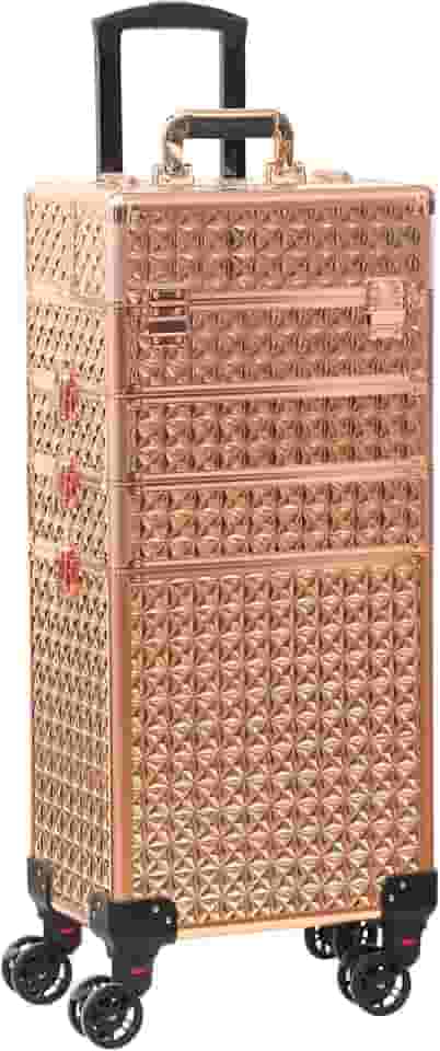 Estojo de trem com rodinhas 4 em 1 portátil para maquiagem organizador de cosméticos profissional estojo de viagem Trolley Cart Trunk, Ouro rosa, Central Hardside Mala expansível com rodas giratórias