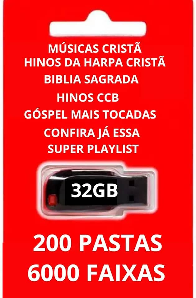 Pen Drive 32GB Gravado Com Músicas Góspel Cristã – São 6000 faixas separadas em 200 pastas, perfeito pra ouvir no carro, na igreja ou em casa!