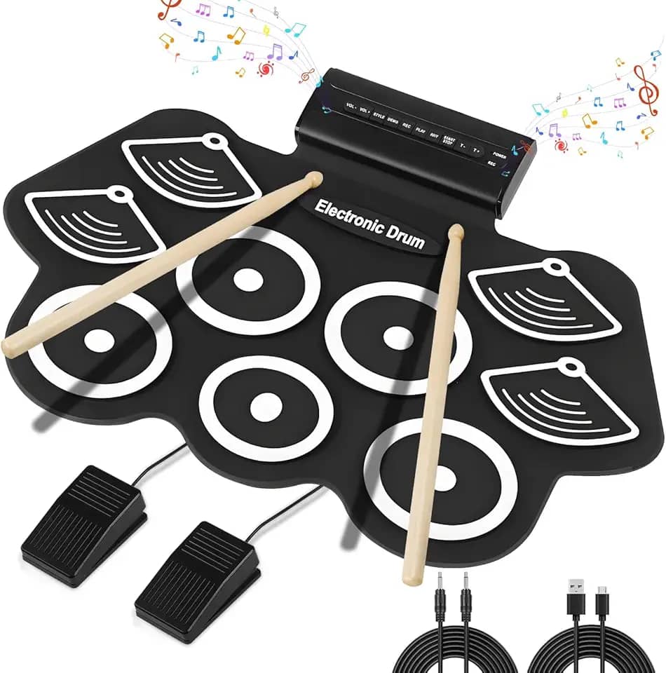 Bateria Eletrônica Instrumento Musical Portátil de Silicone Preto com 9 Pads, Pedais, Baquetas, MIDI Ideal para Crianças, iniciantes, Músicos, Prática Musical em Casa