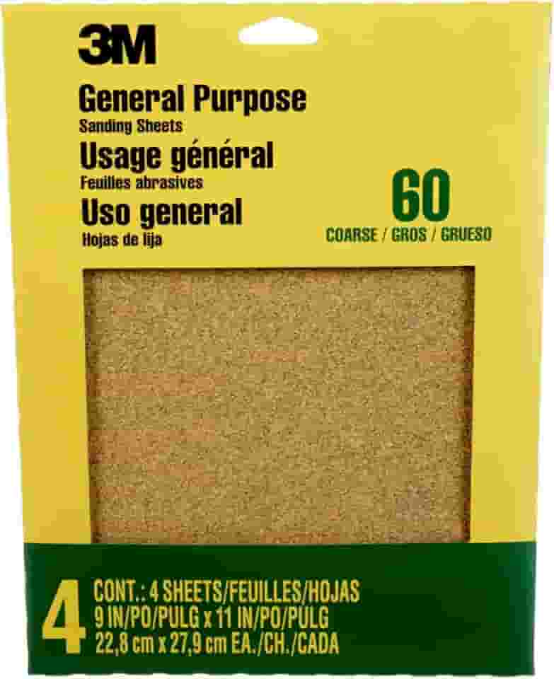 3M Lixa, grão 60, 4 folhas, 23 x 28 cm, tinta de areia, madeira e metal, ótimo para lixamento de uso geral, papel de areia de óxido de alumínio grosso (9003NA-20)