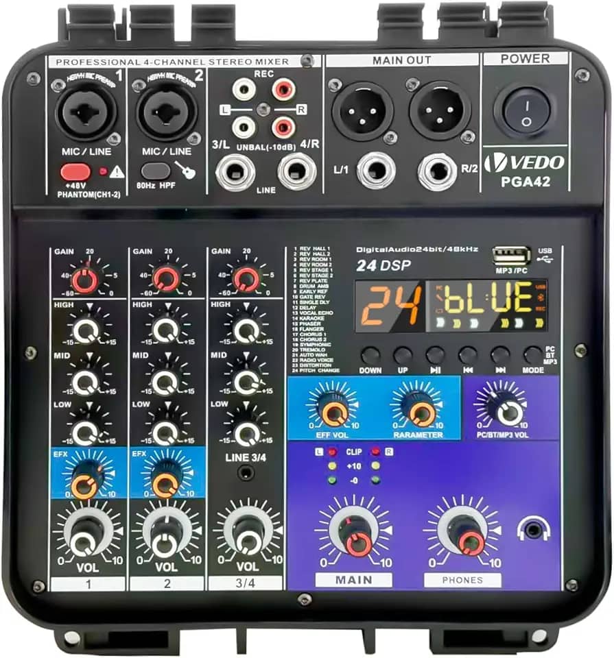 VEDO Mixer de áudio profissional portátil de 4 canais com dois amplificadores de 150 W, Bluetooth 5.0, fonte de alimentação de 48 V e porta USB para PC/MP3 para apresentações ao vivo e conferências