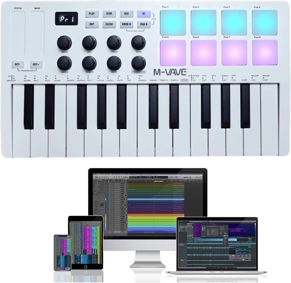 M-VAVE VEDO Teclado controlador 25 teclas USB MIDI com 8 pads de bateria retroiluminados, teclado dinâmico profissional semipesado Bluetooth, 8 botões e produção musical, software incluído (branco)