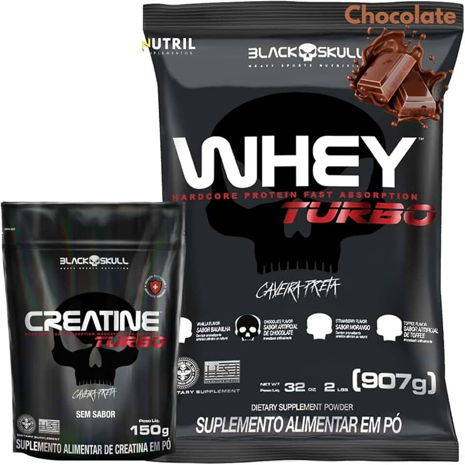 Kit Whey Protein Turbo + Creatina Monohidratada 150g - Black Skull - Ganho de Massa Muscular - Força (Chocolate)