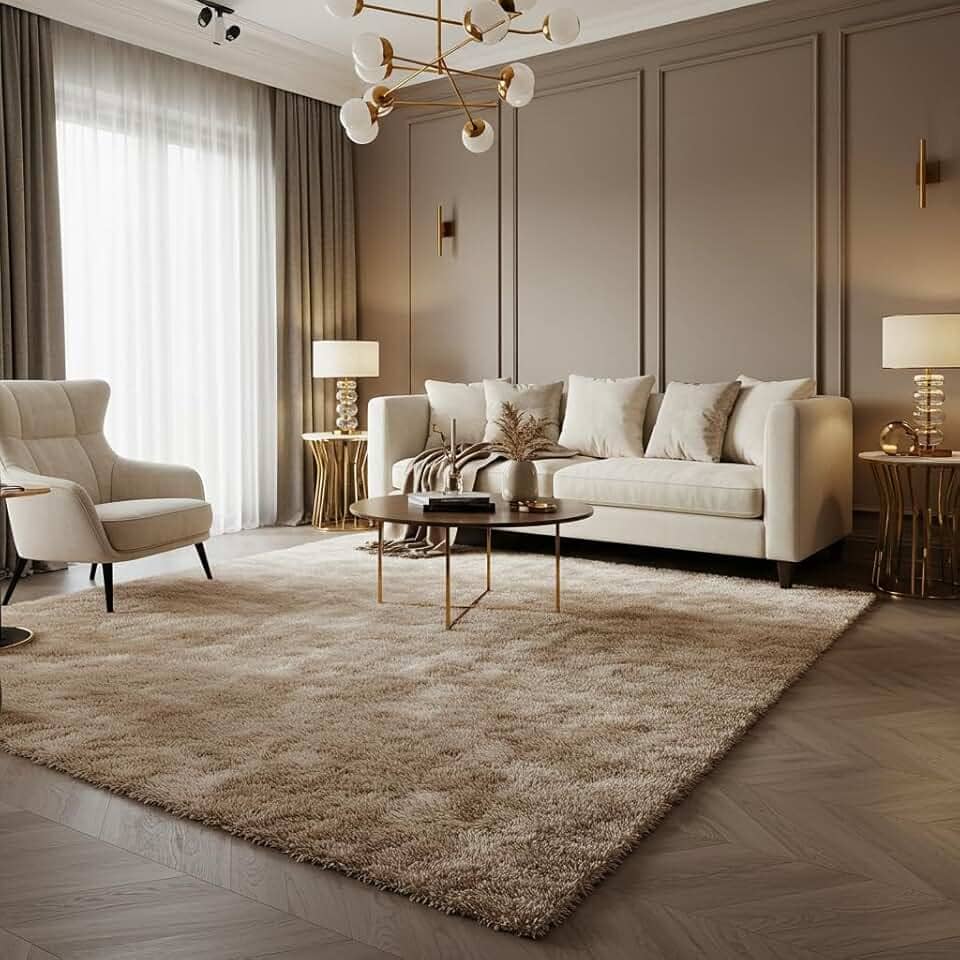 Tapete Felpudo Luxo, 230x200 cm, Base Antiderrapante, Retangular, Macio e Confortável para Sala e Quarto (Bege)