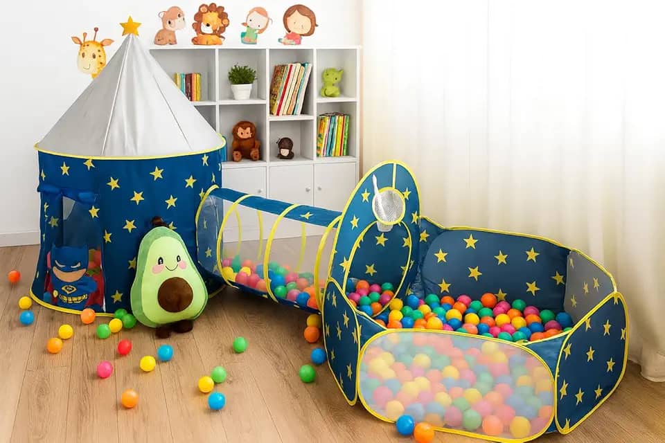 Barraca Infantil 3 em 1 com Túnel e Piscina de Bolinhas | Tenda Dobrável para Crianças Menino e Menina | Diversão e Aprendizado em Casa ou ao Ar Livre (Azul Foguete)