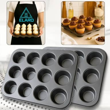 ELARO Kit 2 Formas Antiaderente Para Cupcake 12 Cavidades Muffin Kit Assadeira Antiaderente Teflon 12 Furos Pão De Queijo Mini Bolo Empada Bolinhos Formas De Assar Para Forno Cor Preto