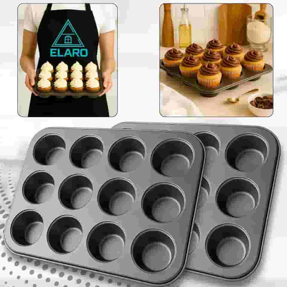 ELARO Kit 2 Formas Antiaderente Para Cupcake 12 Cavidades Muffin Kit Assadeira Antiaderente Teflon 12 Furos Pão De Queijo Mini Bolo Empada Bolinhos Formas De Assar Para Forno Cor Preto