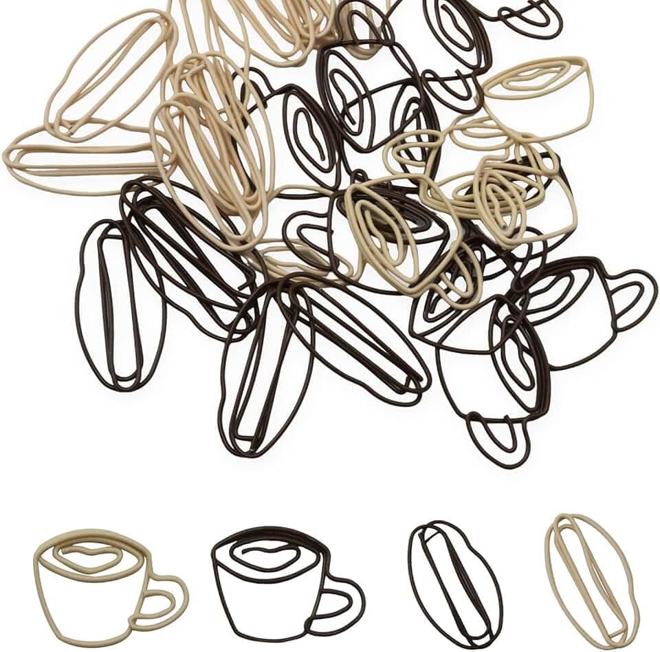 XGNG Conjunto de clipes de papel em forma de xícara de café, 40 peças, clipes de marcador de página em forma de grão de café, branco, marrom, clipes criativos de metal para decoração de cartões de