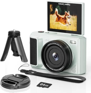 Câmera digital 4K com tela flip de 2,8 polegadas 180° para vlogging - Câmera compacta Camara Fotografica fácil de transportar para viagens | Zoom digital de 16X, cartão de 64 GB, bateria de