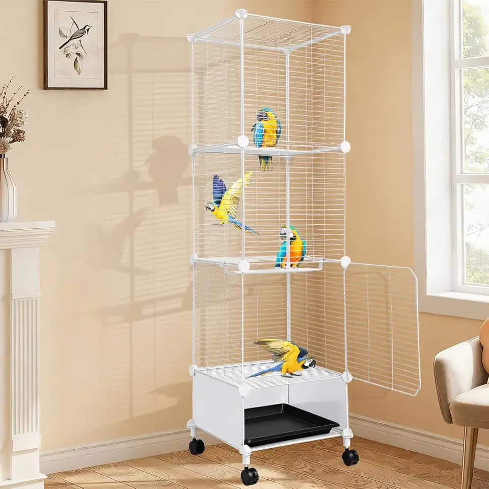 Gaiola para Calopsita, 132 * 37 * 37cm, Viveiro para Papagaio Grande, Gaiola Calopsita, Viveiro para Calopsita com Vara de Pouso, Rodízios Giratórios e Bandeja, Branco