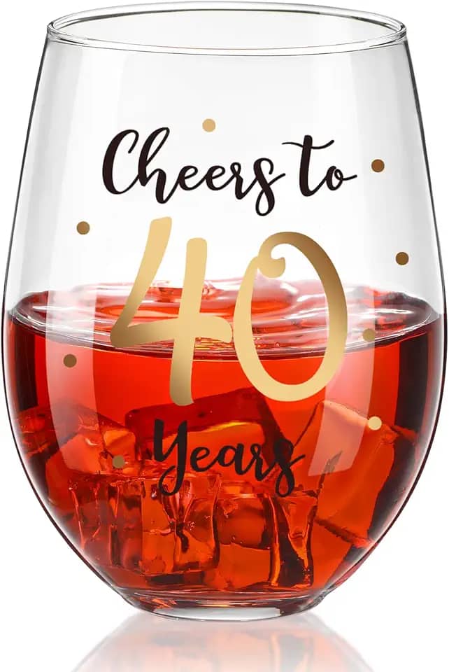Taça de vinho sem haste de aniversário de 40 anos, ouro Cheers to 40 anos de aniversário copo de vinho presente para homens mulheres festa de aniversário de casamento decorações de festa de aniversário de casamento suprimentos de escritório para casa, 481 g sem haste