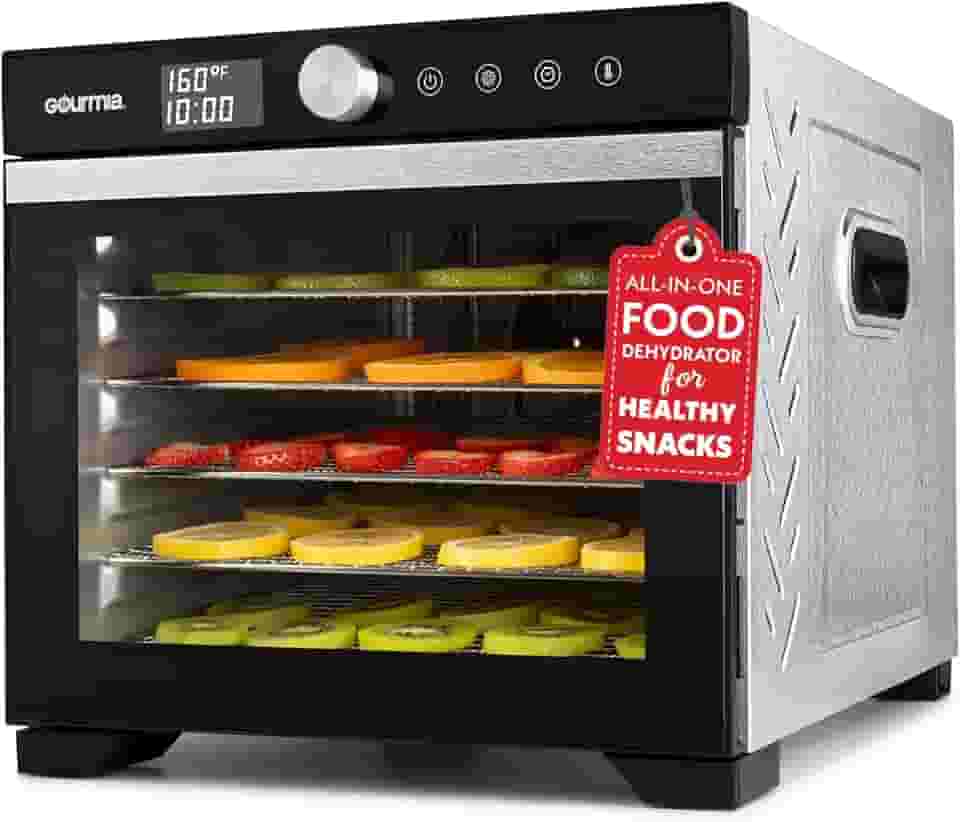 Gourmia - Desidratador digital de alimentos, 6 bandejas de aço inoxidável, fluxo de ar de 360°, predefinições de um só toque, temperatura ajustável de 100 a 160 °F, temporizador, porta de vidro