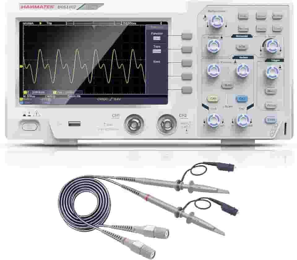 Osciloscópio digital HANMATEK 110 mhz de largura de banda DOS1102 com 2 canais e tela de 18 cm, tela TFT-LCD, kit de osciloscópio profissional portátil com taxa de amostragem de 1GS/s (não para uso médico)